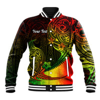 Unisex baseball jacket with black ribbed collar, striped cuffs, tribal red-green front print