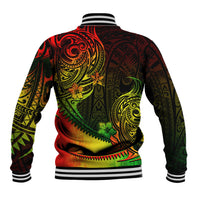 Unisex baseball jacket with black ribbed collar, striped cuffs, tribal red-green back print