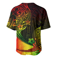 Baseball jersey with Polynesian tribal print, back view, dark red green yellow swirl pattern