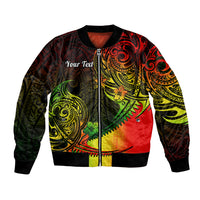 Bomber jacket with front zipper and ribbed cuffs; multicolor tribal print