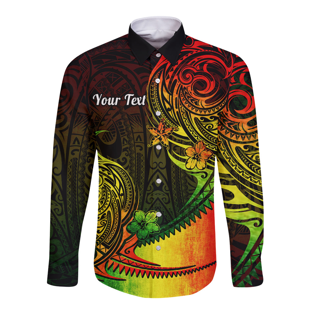 Long-sleeve button shirt, black collar, multicolor Polynesian tribal print, 'Your Text'.