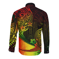 Long-sleeve button shirt, back view, multicolor Polynesian tribal print on dark base.