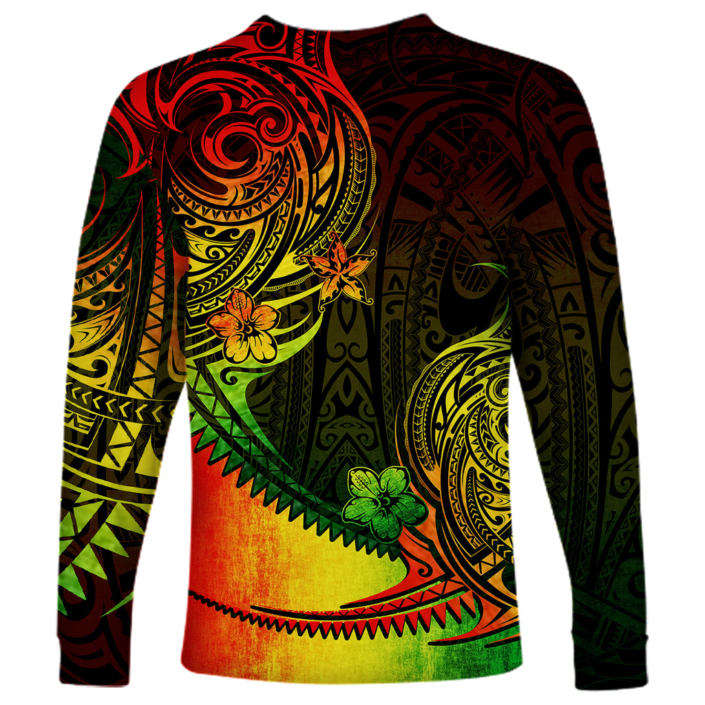 Long-sleeve shirt with dark back and colorful Polynesian tribal graphic across back