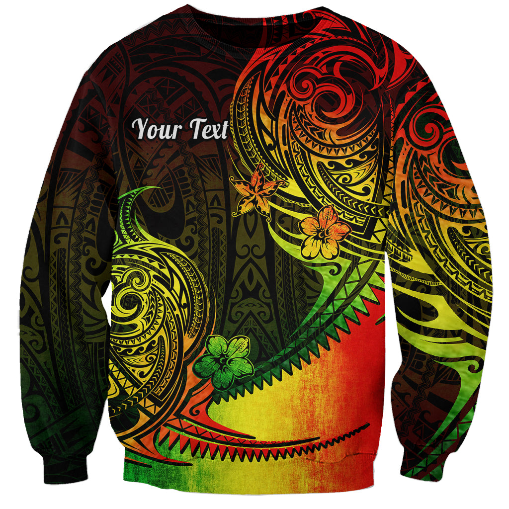 Unisex sweatshirt with dark base and colorful Polynesian tribal front print, crew neck