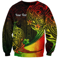 Unisex sweatshirt with dark base and colorful Polynesian tribal front print, crew neck