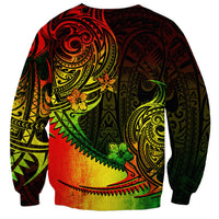 Unisex sweatshirt with dark base and colorful Polynesian tribal back print, crew neck