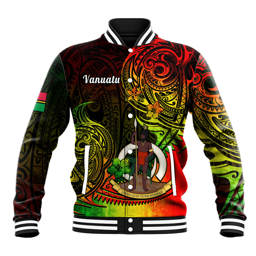Unisex baseball jacket with ribbed striped collar, button-front, and bold Vanuatu print