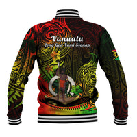 Unisex baseball jacket with ribbed striped hem and cuffs, large Vanuatu back graphic