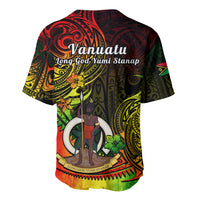 Vanuatu baseball jersey with back print and text "Long God Yumi Stanap", short sleeves