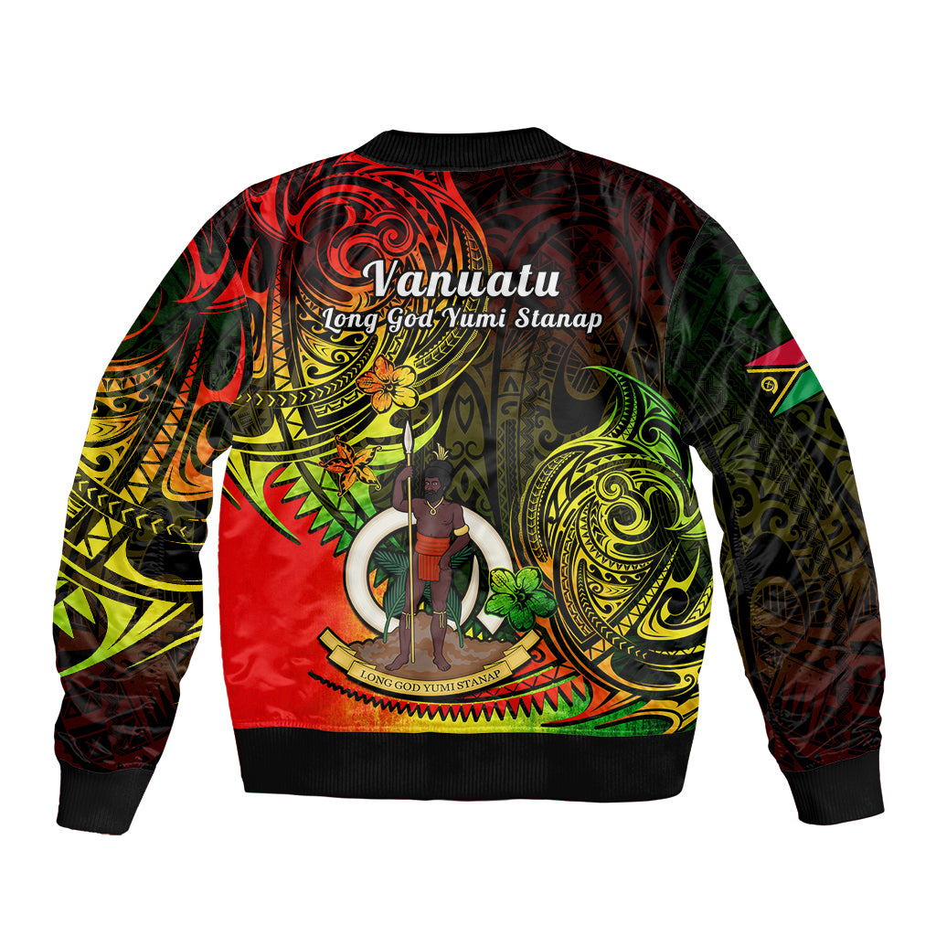 Unisex bomber jacket with ribbed hem and Vanuatu graphic, red/green/black tribal pattern