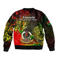 Unisex bomber jacket with ribbed hem and Vanuatu graphic, red/green/black tribal pattern