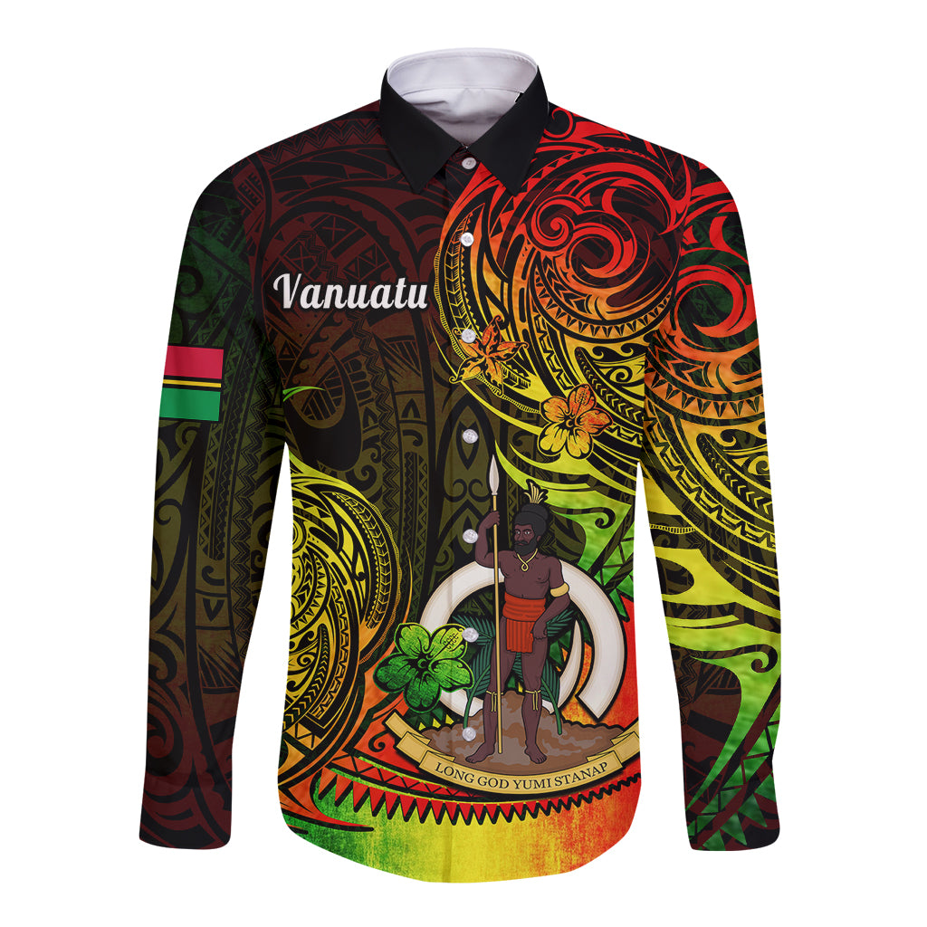 Long-sleeve button shirt, dark base with bold tribal front graphic in red, green, yellow
