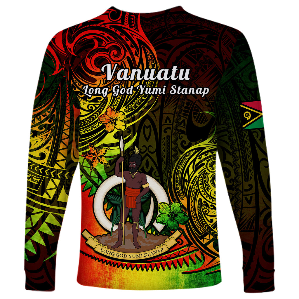 Unisex long sleeve shirt with Vanuatu Long God Yumi Stanap text and deity circle