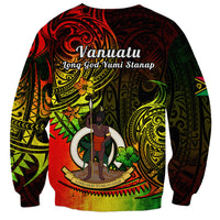 Unisex sweatshirt with bold Polynesian design, warrior figure, flowers, and Vanuatu slogan