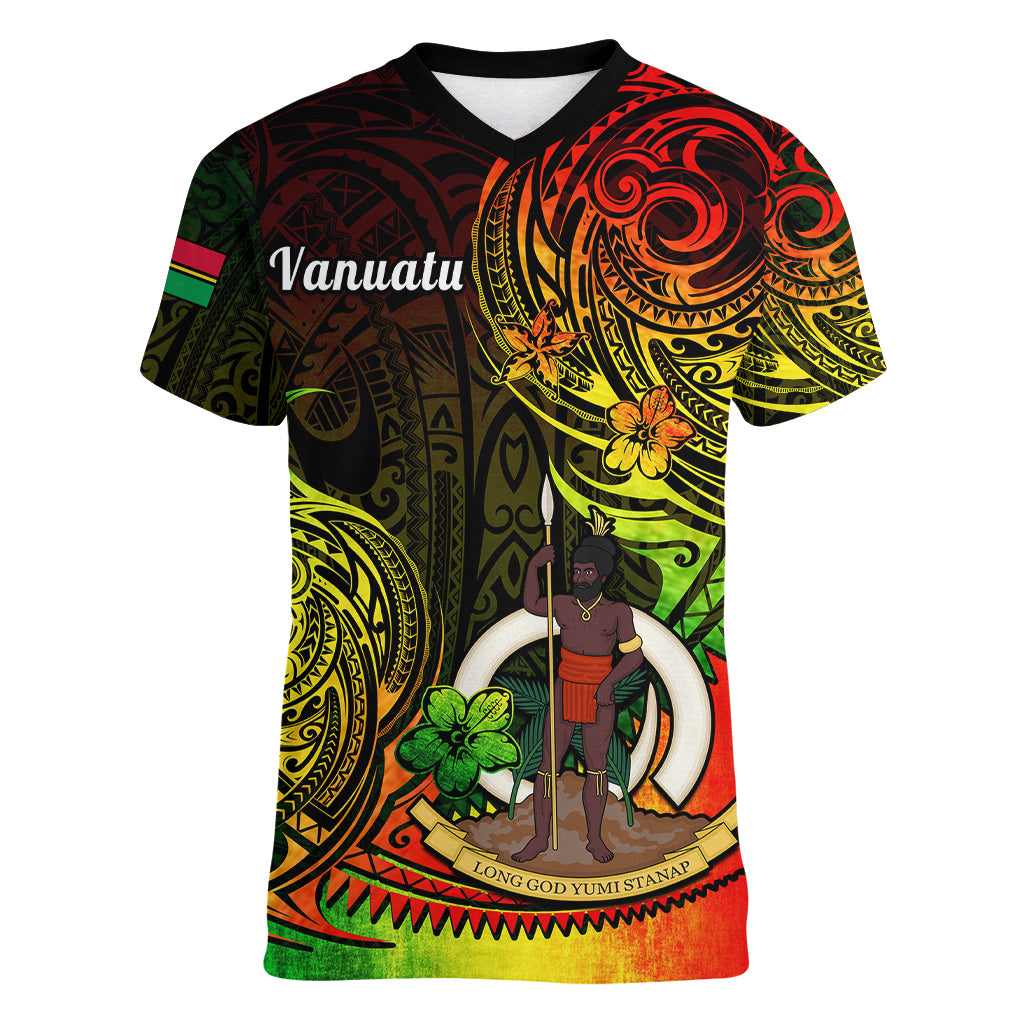 Polynesian Pride Vanuatu Women V Neck T Shirt Reggae Polynesia Long God Yumi Stanap - Wonder Print Shop