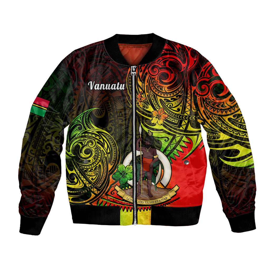 Unisex bomber jacket, full-zip front, black ribbed cuffs, colorful Polynesian mural print