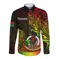 Long sleeve button shirt with black collar and colorful tribal print front