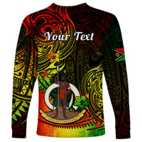 Dark long-sleeve shirt back with 'Your Text' and colorful island figure graphic