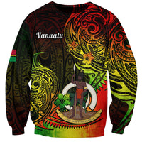 Unisex sweatshirt with Vanuatu print, polynesian figure, and red green yellow tribal patterns
