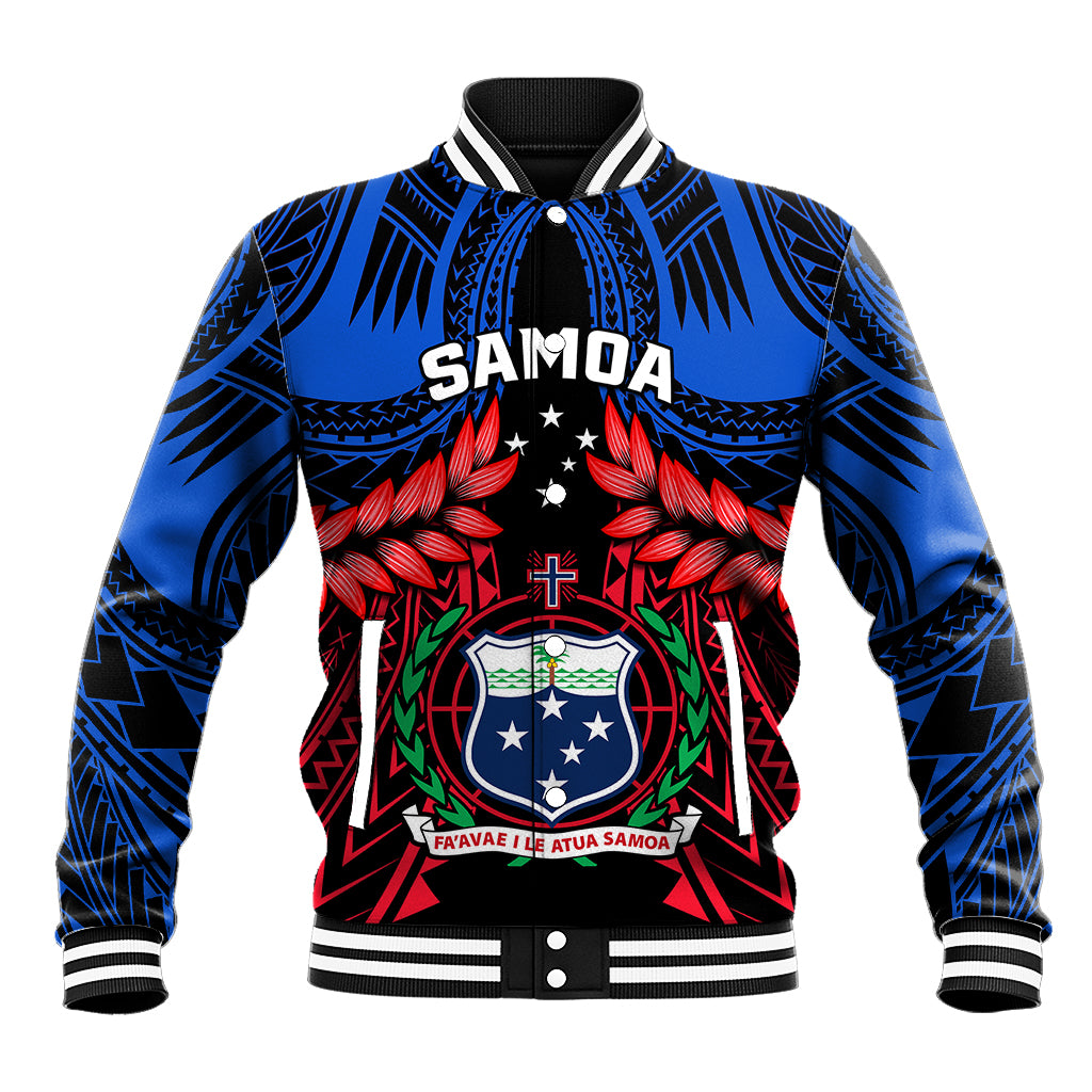 Samoa baseball varsity jacket, blue with red floral crest front and striped trim