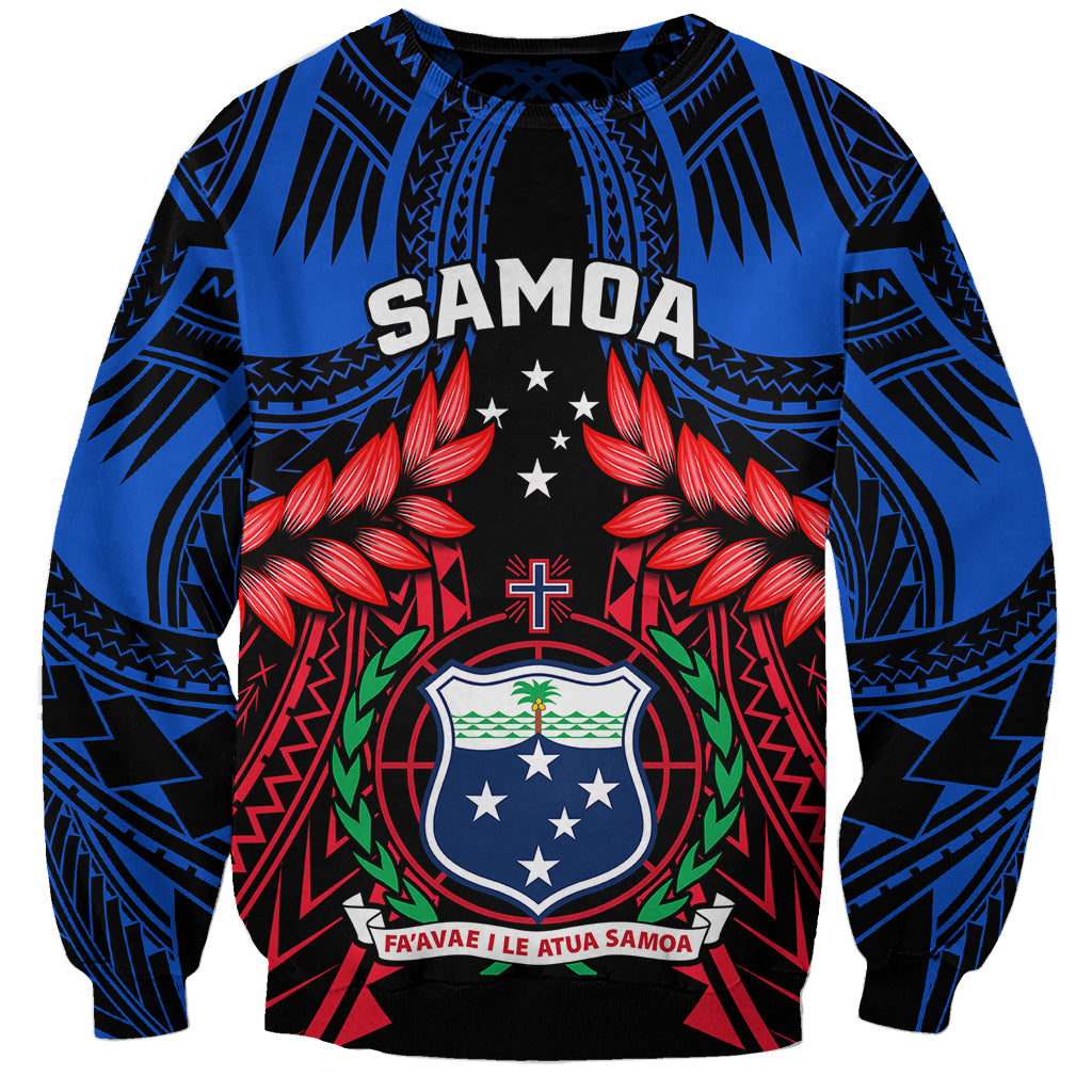 Blue pullover sweatshirt with tribal pattern, Samoa graphic, red flowers, and stars