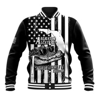 Black baseball jacket with white striped ribbed collar and cuffs; graphic front