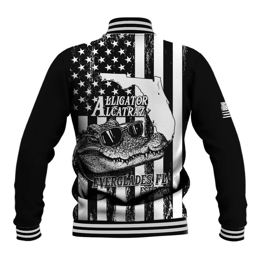 Black baseball jacket with white striped cuffs and hem; large back graphic