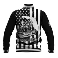 Black baseball jacket with white striped cuffs and hem; large back graphic