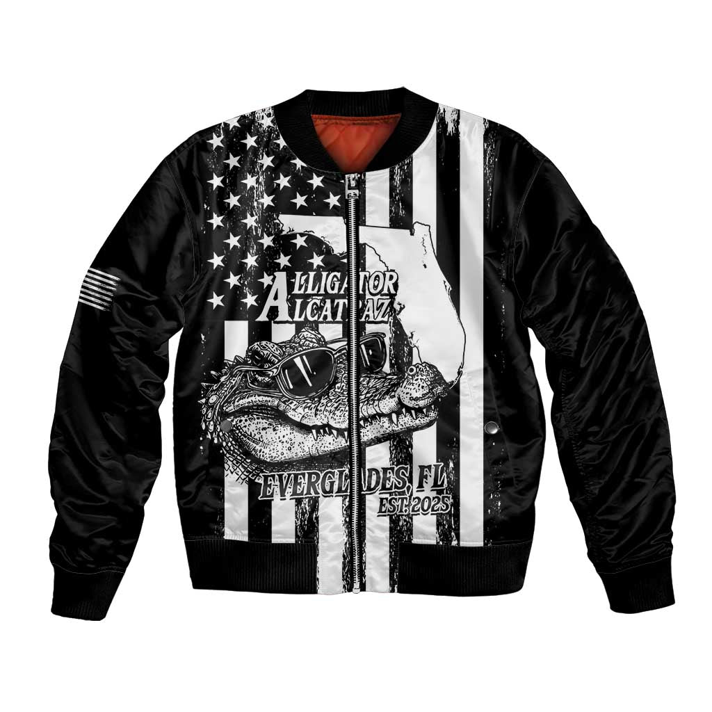 Black bomber jacket with front gator graphic and star-and-stripe vertical stripes