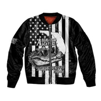 Black bomber jacket with front gator graphic and star-and-stripe vertical stripes