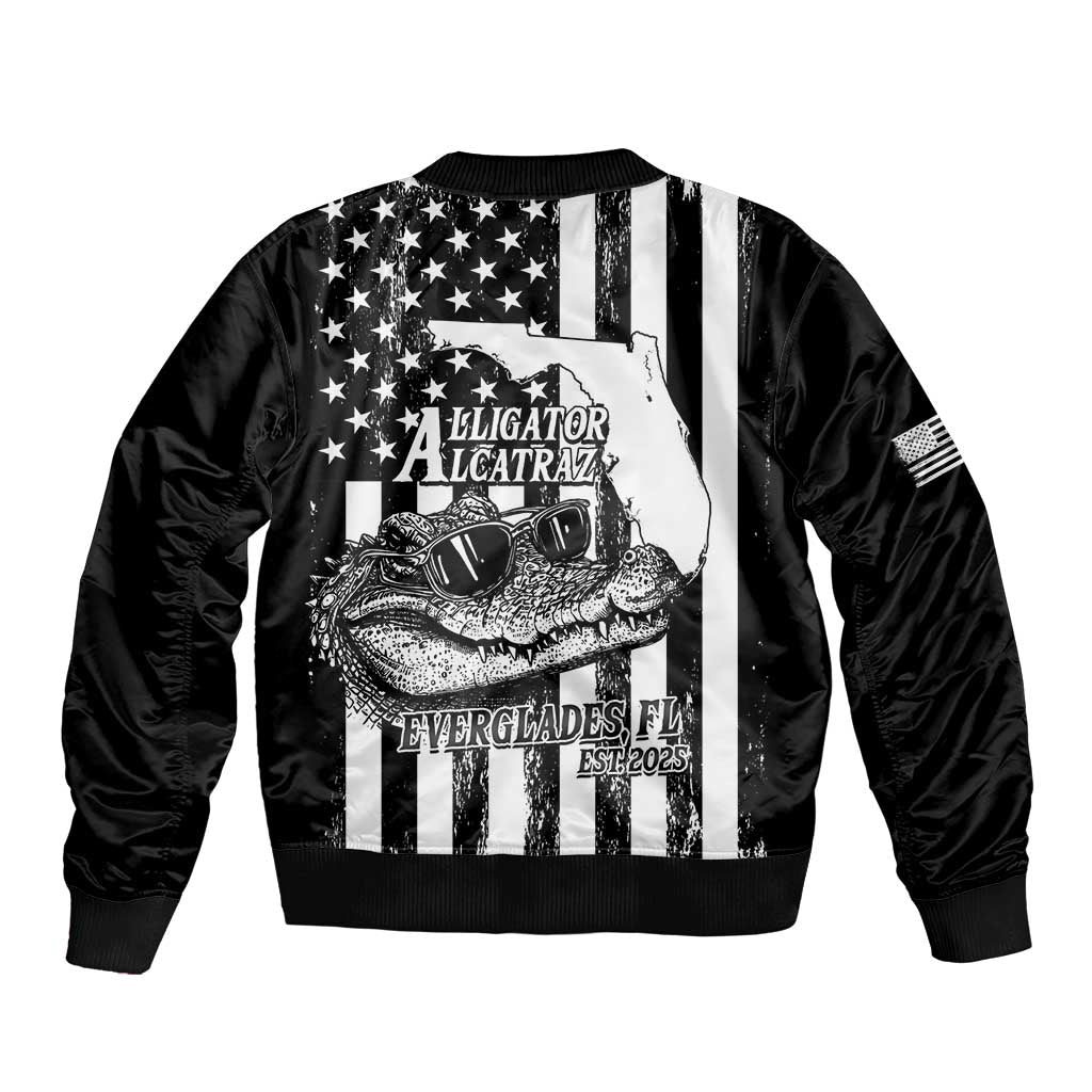 Black bomber jacket with large front gator face print, ribbed cuffs and striped stars