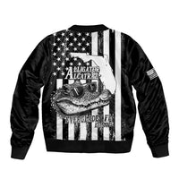 Black bomber jacket with large front gator face print, ribbed cuffs and striped stars