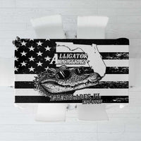 Black and white tablecloth with distressed vertical stripes and alligator graphic