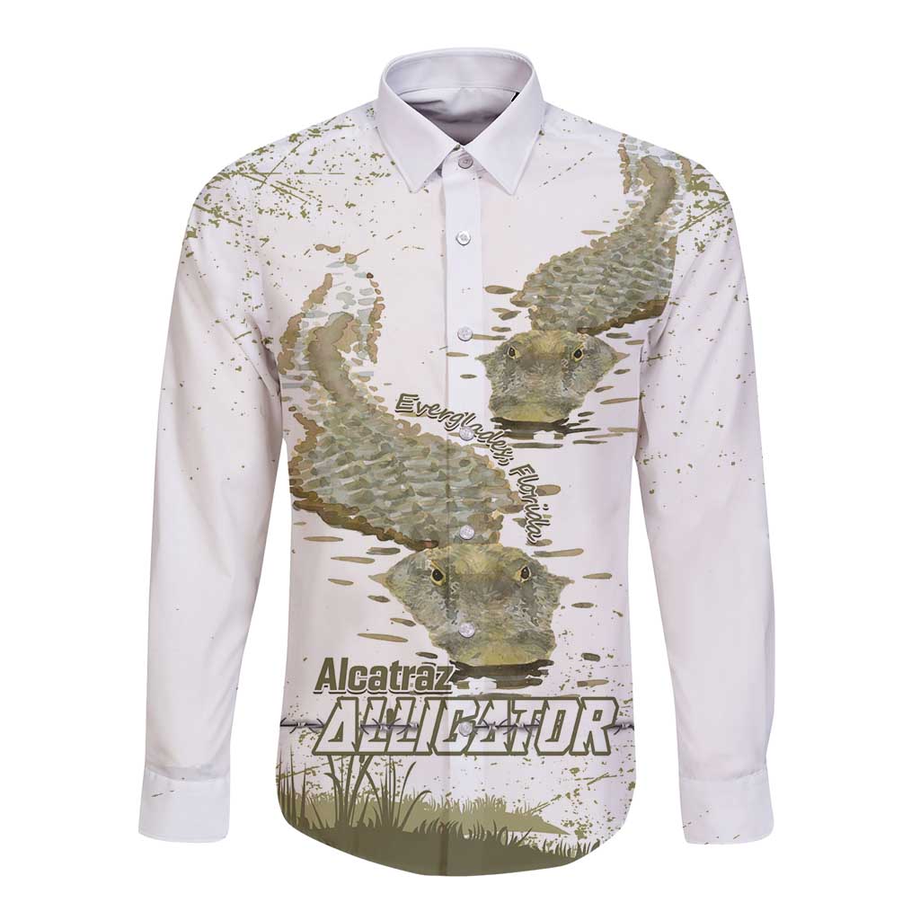 Unisex long-sleeve button shirt in white with alligator print, front view