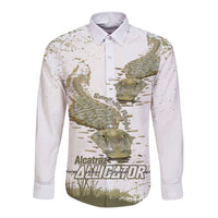 Unisex long-sleeve button shirt in white with alligator print, front view