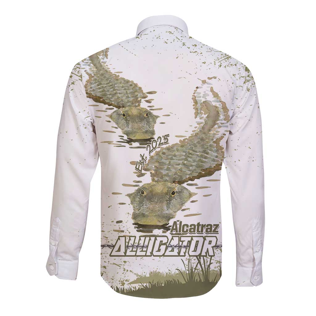 Unisex long-sleeve button shirt in white with alligator print, back view