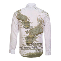 Unisex long-sleeve button shirt in white with alligator print, back view