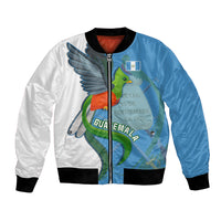 Unisex satin bomber jacket with blue and white panels, front zipper, quetzal bird graphic
