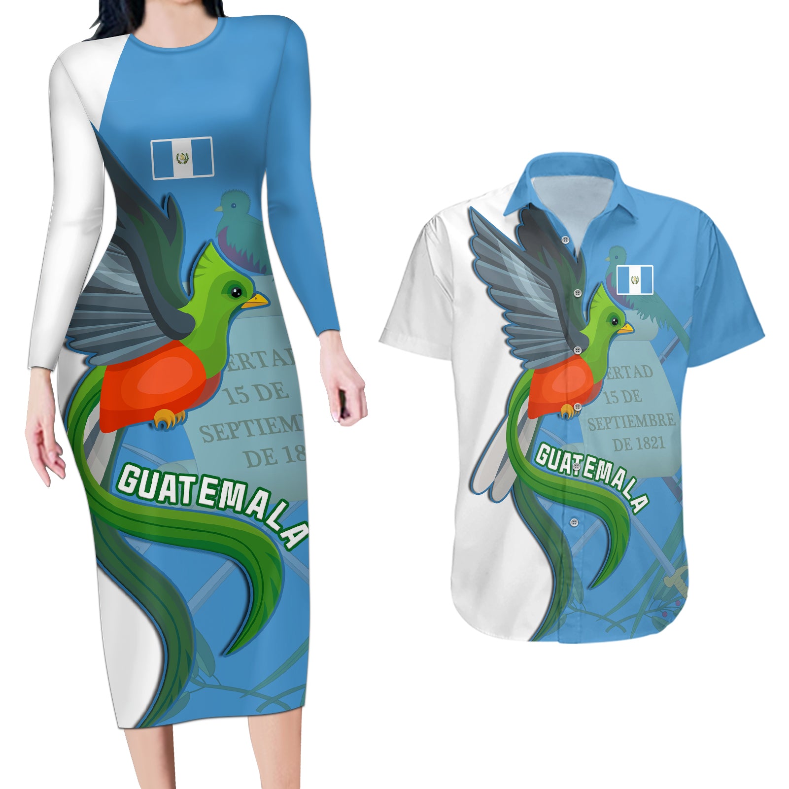 Guatemala Independence Day Couples Matching Long Sleeve Bodycon Dress and Hawaiian Shirt Guatemalan Quetzal 202st Anniversary - Wonder Print Shop