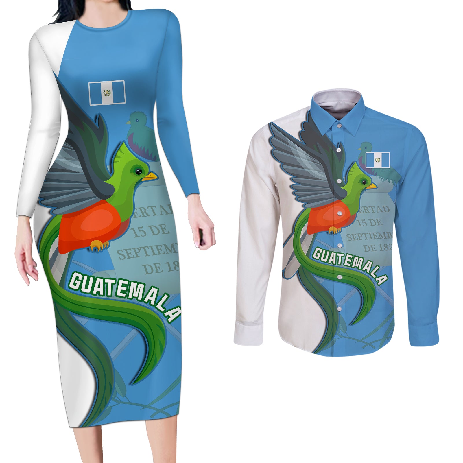 Guatemala Independence Day Couples Matching Long Sleeve Bodycon Dress and Long Sleeve Button Shirts Guatemalan Quetzal 202st Anniversary - Wonder Print Shop