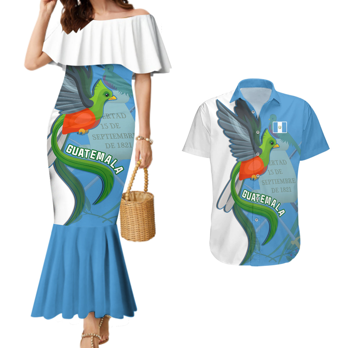 Guatemala Independence Day Couples Matching Mermaid Dress and Hawaiian Shirt Guatemalan Quetzal 202st Anniversary - Wonder Print Shop