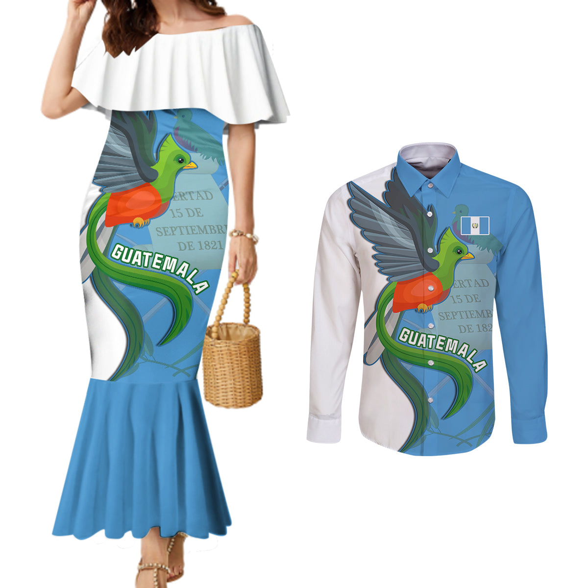 guatemala-independence-day-couples-matching-mermaid-dress-and-long-sleeve-button-shirts-guatemalan-quetzal-202st-anniversary