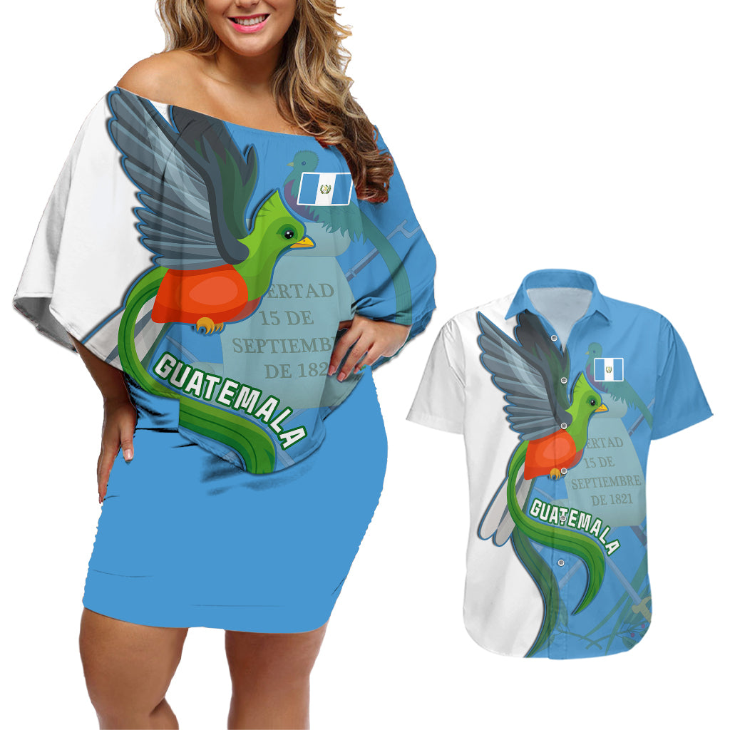 Guatemala Independence Day Couples Matching Off Shoulder Short Dress and Hawaiian Shirt Guatemalan Quetzal 202st Anniversary - Wonder Print Shop