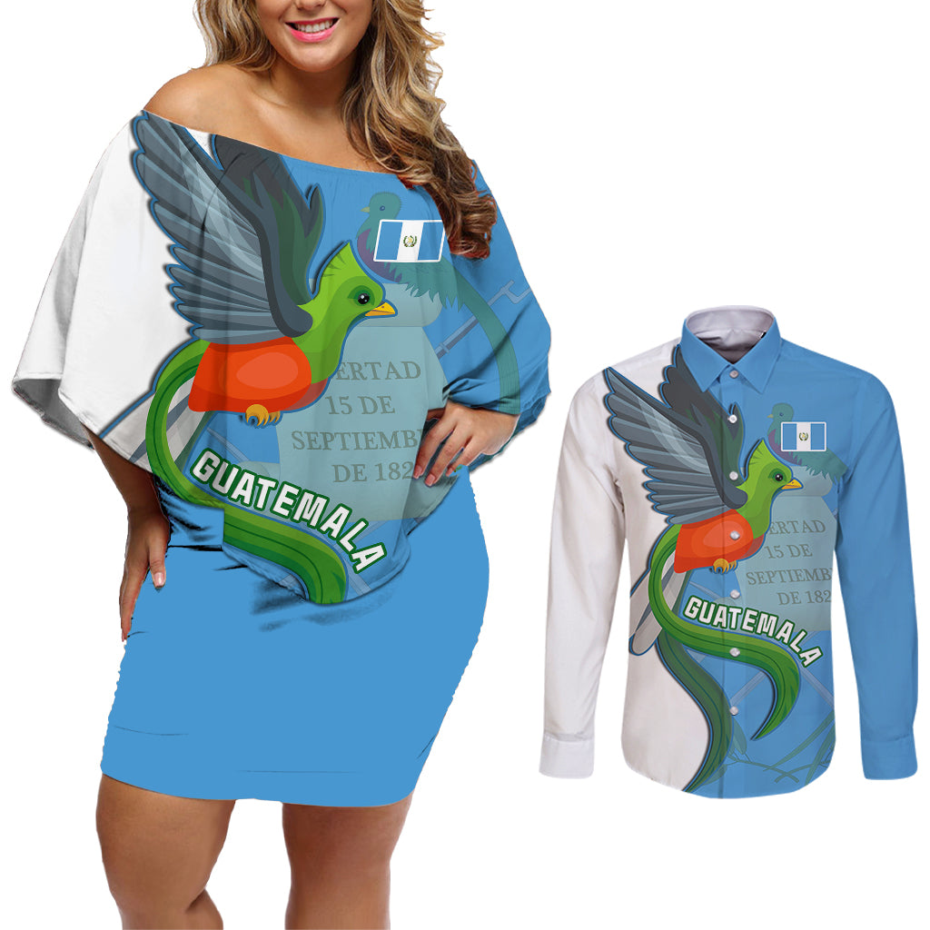 Guatemala Independence Day Couples Matching Off Shoulder Short Dress and Long Sleeve Button Shirts Guatemalan Quetzal 202st Anniversary - Wonder Print Shop