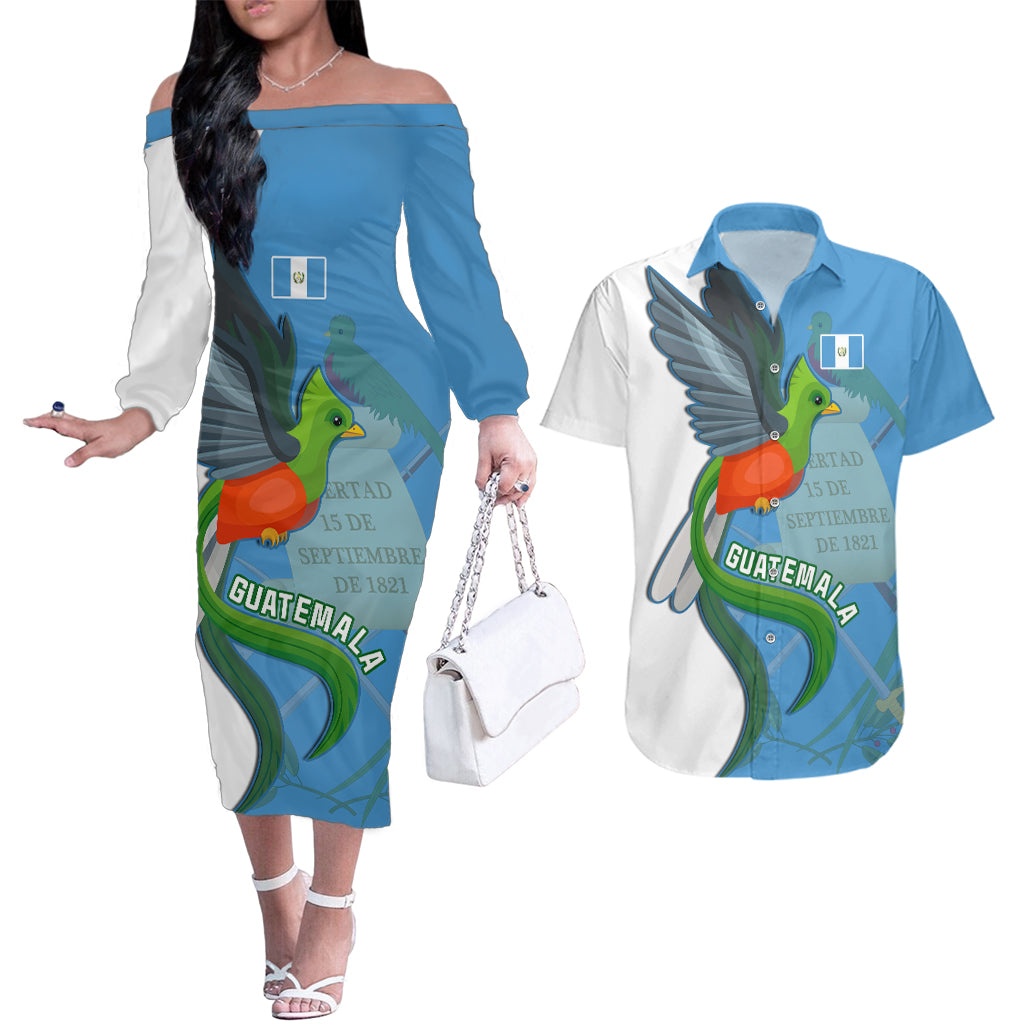 Guatemala Independence Day Couples Matching Off The Shoulder Long Sleeve Dress and Hawaiian Shirt Guatemalan Quetzal 202st Anniversary - Wonder Print Shop