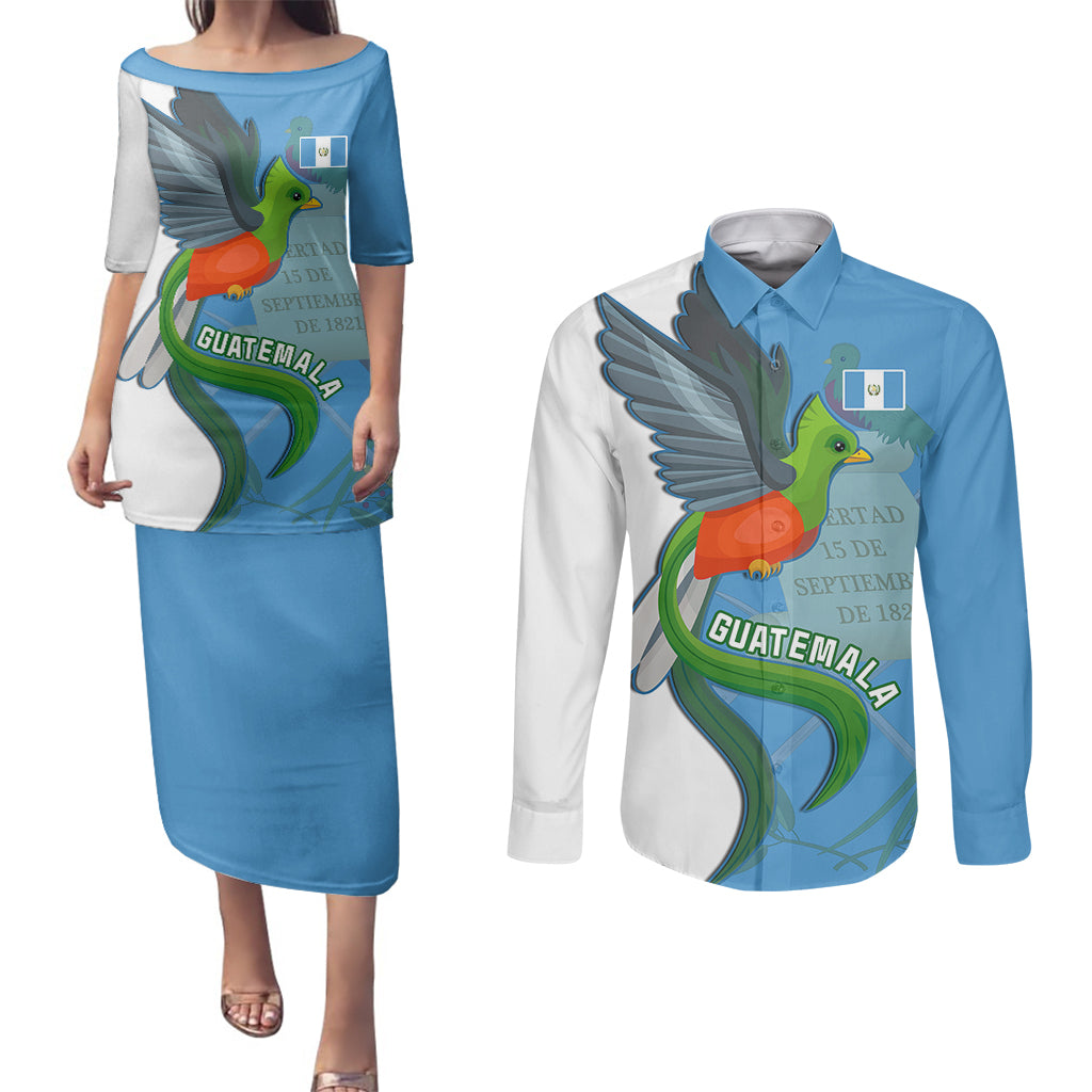 Guatemala Independence Day Couples Matching Puletasi Dress and Long Sleeve Button Shirts Guatemalan Quetzal 202st Anniversary - Wonder Print Shop