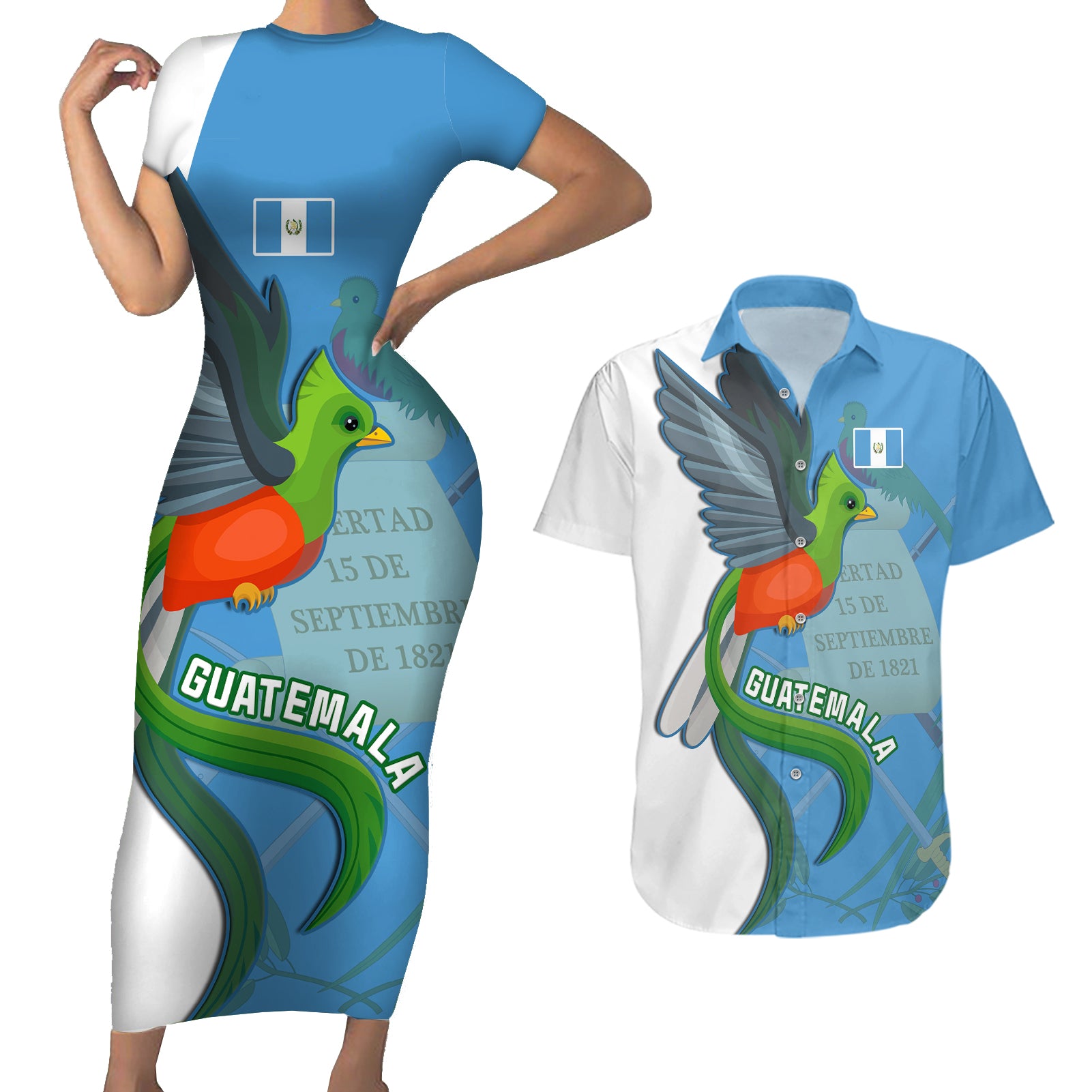 Guatemala Independence Day Couples Matching Short Sleeve Bodycon Dress and Hawaiian Shirt Guatemalan Quetzal 202st Anniversary - Wonder Print Shop