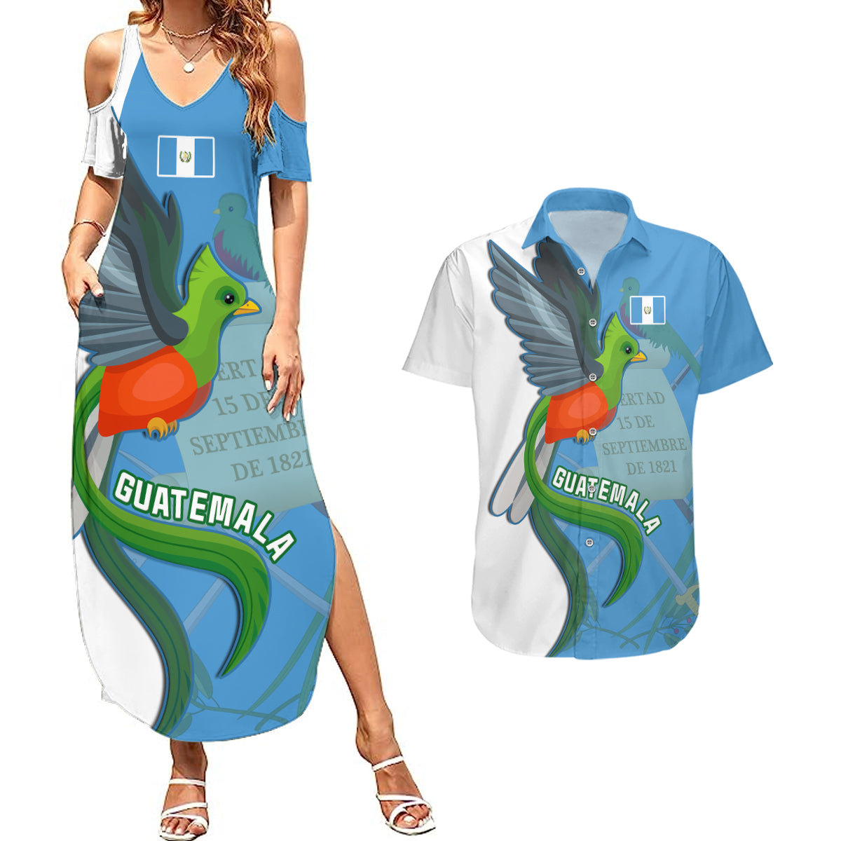 Guatemala Independence Day Couples Matching Summer Maxi Dress and Hawaiian Shirt Guatemalan Quetzal 202st Anniversary - Wonder Print Shop