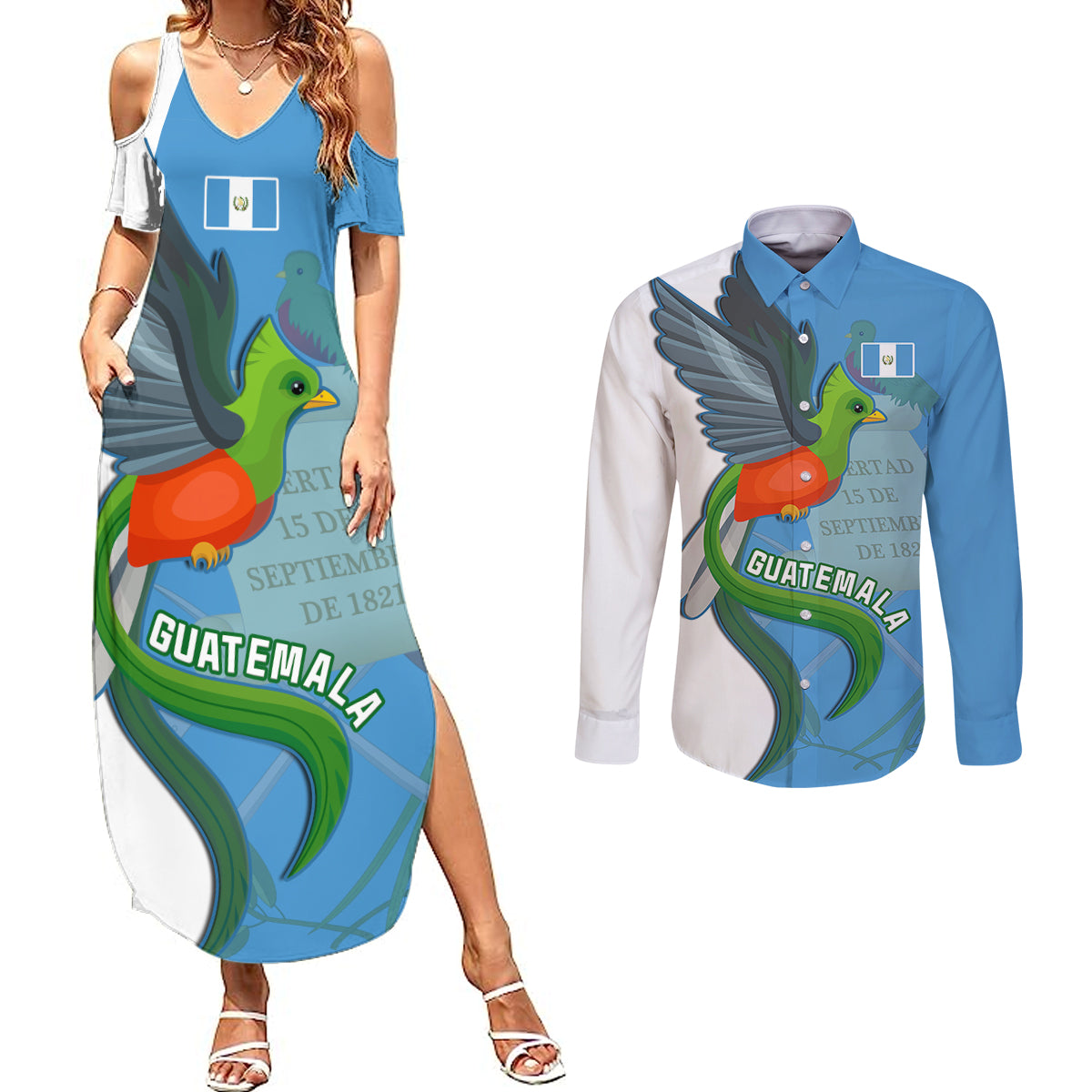 Guatemala Independence Day Couples Matching Summer Maxi Dress and Long Sleeve Button Shirts Guatemalan Quetzal 202st Anniversary - Wonder Print Shop