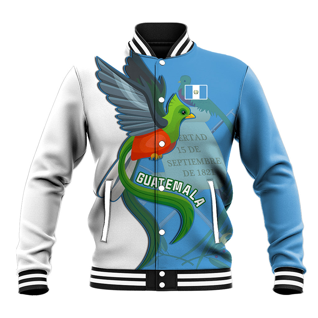 Unisex blue-and-white varsity baseball jacket with quetzal graphic, striped ribbed collar